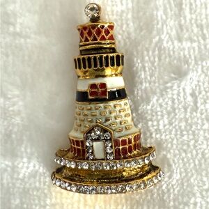 Gold and Red Lighthouse Rhinestone Brooch Pin NWOT